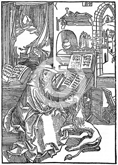 'St Jerome in his study pulling a thorn from a lion's paw', 1492, (1936). Artist: Albrecht Dürer