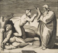 The creation of Eve who emerges from behind Adam, ca. 1530-70. Creator: Giulio Bonasone.