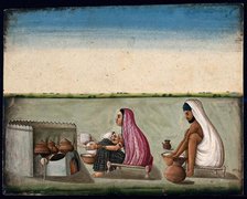 A couple preparing tandoori rotis: the woman faces the tandoor and..., (between 1800 and 1899?). Creator: Unknown.