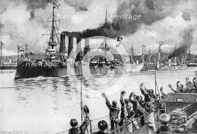Russian cruiser on its way to the Battle of Chemulpo, Russo-Japanese War, 1904-5. Artist: Unknown