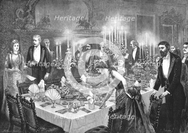 'My First Season; The Dinner Party, 'a middle-aged MP took me in' ', 1890. Creator: Arthur Hopkins.