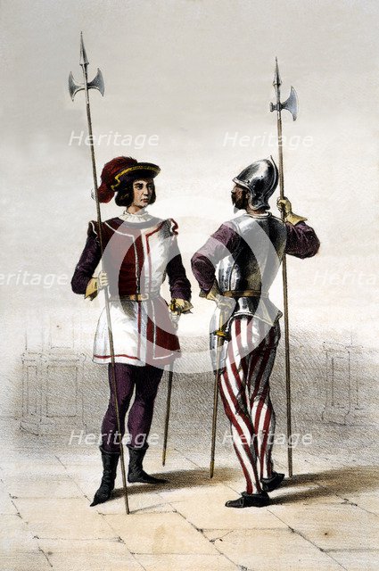 Infantry. Year 1504. Soldier of the Halberdiers Guard of the Kings. Engraving from 1851.