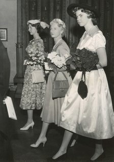 Princesses Margaretha, Sibylla and Desiree of Sweden on their way to a lunch, Stockholm, 1957. Artist: Unknown