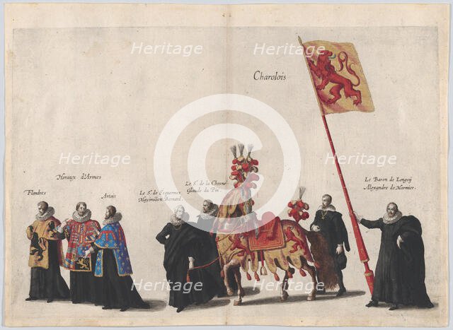 Plate 35: Men with heraldic flags and horses from Charolois marching in the funeral proces..., 1623. Creator: Cornelis Galle I.