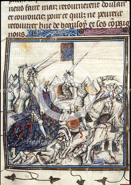 Crusaders and Saracen Fighting during the Third Crusade (From the Chroniques de France ou de St Denis), after 1380. Artist: Anonymous  