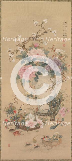 Vase of Flowers with Grasshopper, Marine Life, and Garden Rock, late 1800s. Creator: Okabe Ko (Japanese).