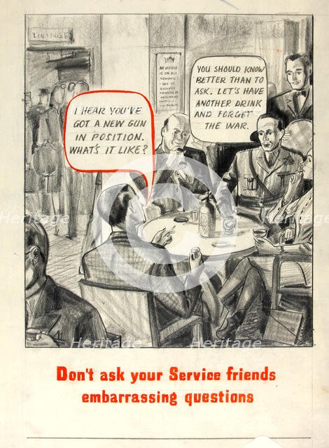 'Don't ask your service friends embarrassing questions', World War II poster, between 1939 and 1946. Creators: Central Office of Information, Unknown.