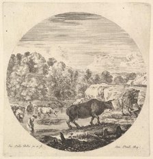 Two cows in center, followed by two peasant women and other cows in the river to le..., ca. 1643-48. Creator: Stefano della Bella.