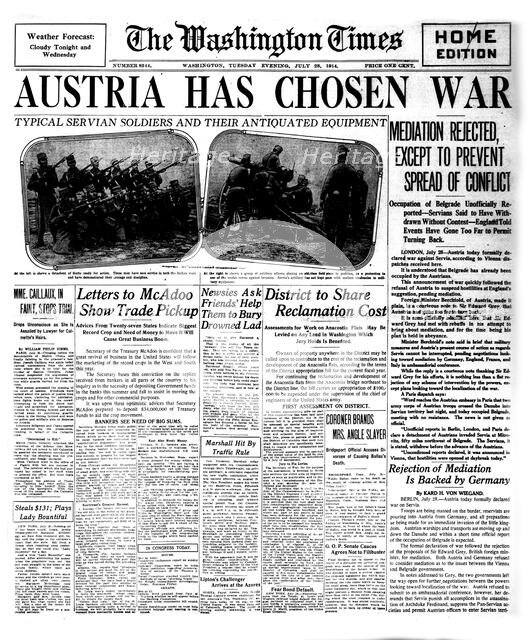 The Washington Times Front Page from July 28th, 1914: "Austria has chosen war", 1914. Creator: Historic Object.