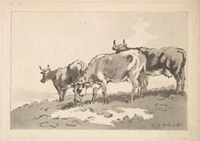 Three Cows Standing on the Ridge of a Field, 1784-87. Creator: Thomas Rowlandson.