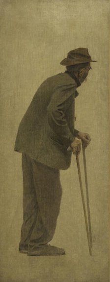 La Bouchée de pain : vieil homme s'appuyant sur des cannes, c.1904. Creator: Fernand Pelez.