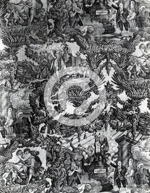 Garrick and Shakespeare with Tragedy and Comedy (Furnishing Fabric), England, c. 1790. Creator: Unknown.