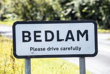Road sign for the hamlet of Bedlam, North Yorkshire, 2019. Creator: Alun Bull.