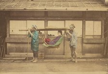 Japanese woman being carried by two Japanese men in a kago, 1868-1880. Creator: Felice Beato.