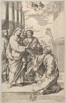 Christ giving the keys of the church to Saint Peter who kneels before him, after Guido ..., 1640-70. Creator: Gian Battista Bolognini.