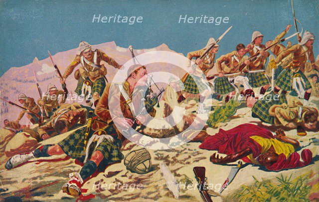 'The Gordon Highlanders. How Piper Findlater won the V.C. at Dargai', 1897, (1939). Artist: Unknown.