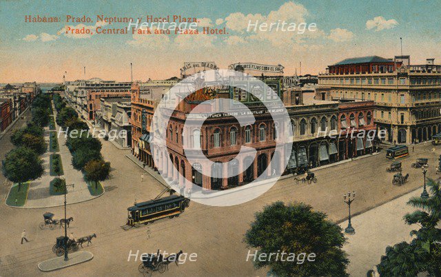 Habana: Prado, Neptuno y Hotel Plaza. Prado, Central Park and Plaza Hotel, c1910. Artist: Unknown