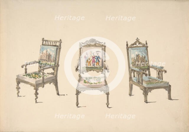 Design for Three Armchairs with Pictorial Upholstery, ca. 1830-40 . Creator: Anon.