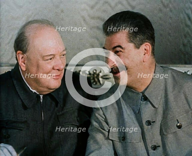 Winston Churchill and Joseph Stalin at a Meeting, 1942. Creator: British Pathe Ltd.