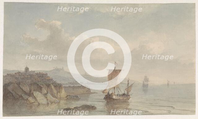 Coastal landscape with port and ships on the water, 1809-1874. Creator: Christiaan Lodewijk Willem Dreibholtz.