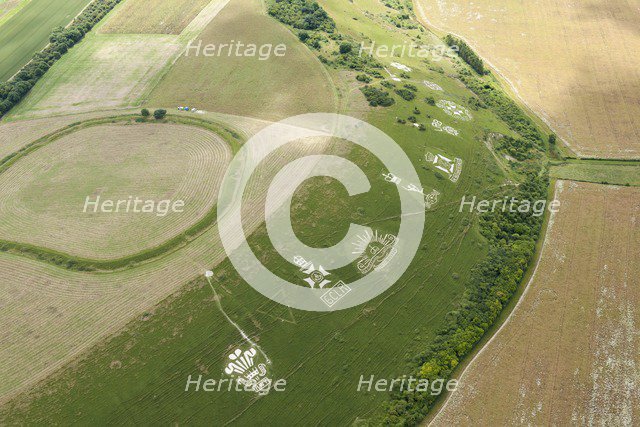 Chalk military badges and Chisenbury Camp univallate hillfort, Fovant Down, Wiltshire, 2015. Creator: Historic England Staff Photographer.