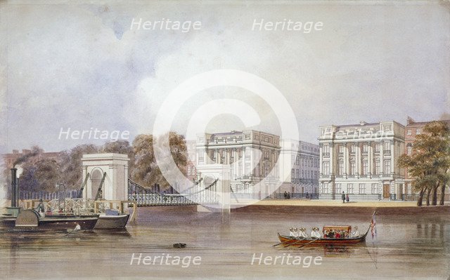 View of Cadogan Pier with boats on the River Thames, Chelsea, London, c1860. Artist: Anon