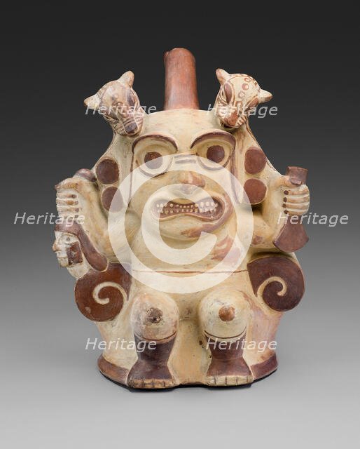 Handle Spout Vessel in Form of Sacrificer Wearing a Jaguar Headdress, 100 B.C./A.D. 500. Creator: Unknown.