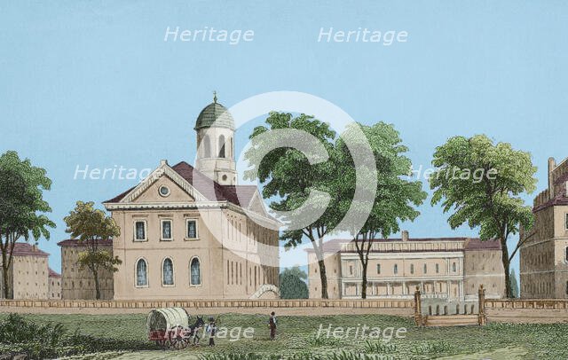 Harvard University in Cambridge, Massachusetts, near Boston, United States, 1850.  Creator: Leon-Francois-Antoine Fleury.