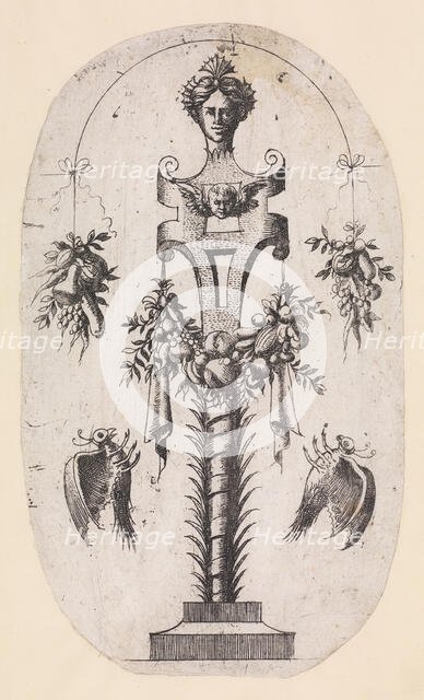 Design for a Term with the Head of Woman, Strapwork and Trophies, 1535-55. Creator: Jean Mignon.