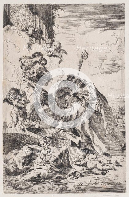 Three Lucchese saints Sts Nicholas Tolentino, Nicholas of Bari interceding with the Virgin..., 1691. Creator: Johann Michael Feichtmayr the Elder.