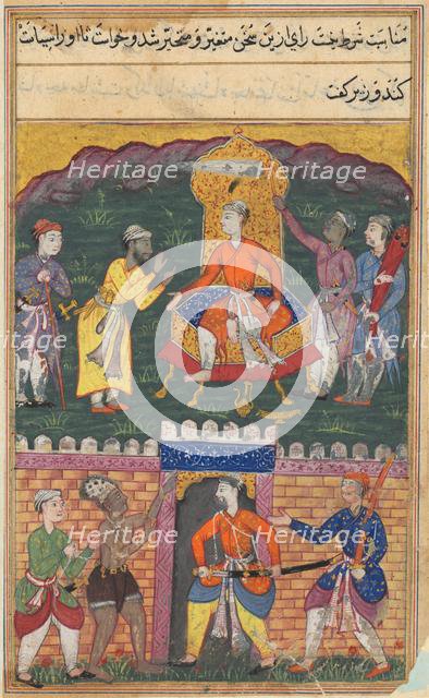 Page from Tales of a Parrot (Tuti-nama): Seventh night: The vizier dissuades the king..., c. 1560. Creator: Unknown.