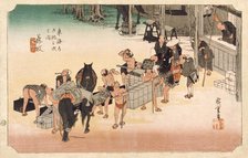 Changing Horses and Porters at Fujieda Station, between c1833 and c1834. Creator: Ando Hiroshige.
