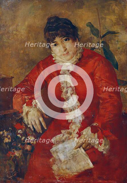 Woman in scarlet dress with newspaper sheet and ficus, 1884/1889. Creator: Anton Romako.