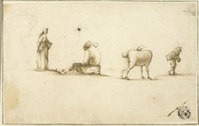 Sketches of Standing Woman, Seated Man, Goat, and Man Carrying Box on Back, n.d. Creator: Unknown.