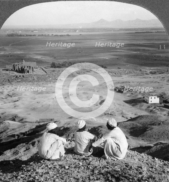 'Across the plain of Thebes and past the Memnon statues from the cliffs, Egypt', 1905.Artist: Underwood & Underwood