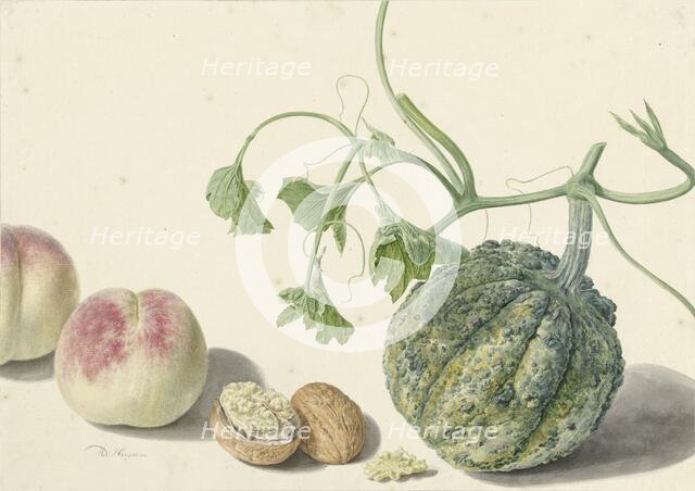 Gourd, two peaches and a walnut, 1714-1760. Creator: Michiel van Huysum.