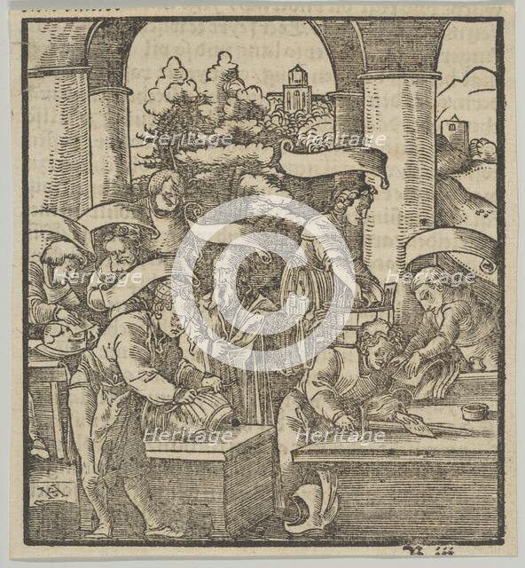 The Making of Armours, from Hymmelwagen auff dem, wer wol lebt..., 1517. Creator: Hans Schäufelein the Elder.