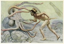 He was very brave and strong, … and battled with the great octopus from The Great Sea Horse, 1909. Creator: John Elliot (1859 - 1925).