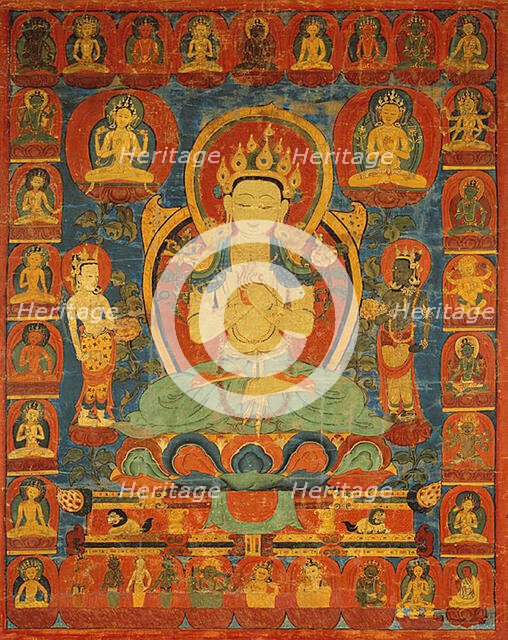 Painted Banner (Thangka) of Bodhisattva Maitreya Surrounded by his Retinue, 16th century. Creator: Unknown.