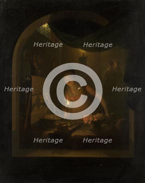 Kitchen by Lamplight, 1817. Creator: Adriaan Meulemans.