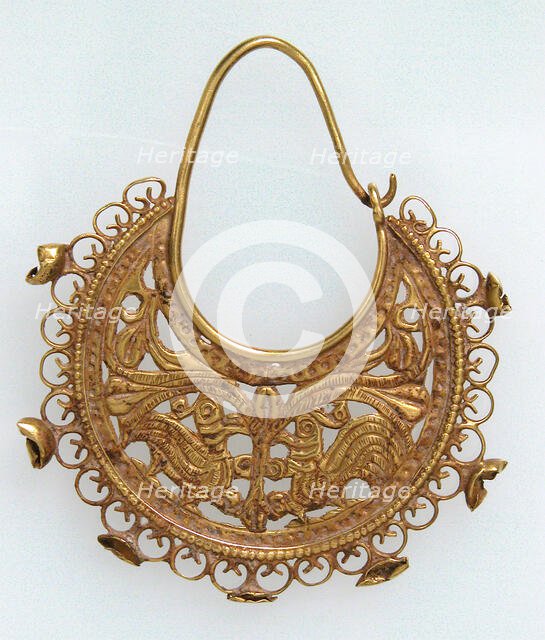 Gold Half Moon-Shaped Earring with Peacocks, Byzantine, late 6th-7th century. Creator: Unknown.