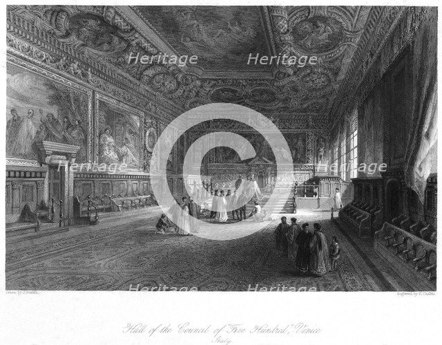 Hall of the Council of 'Five Hundred', Venice, Italy, 19th century.Artist: E Challis