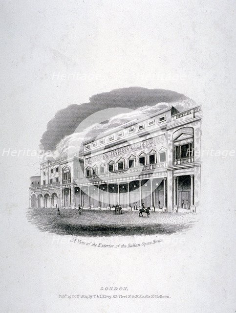 Vignette of the King's Theatre, Haymarket, London, 1824.                                             Artist: Anon