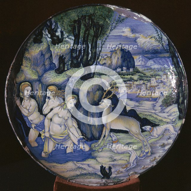 Italian earthenware plate showing Artemis turning Actaeon into a stag. Artist: Unknown