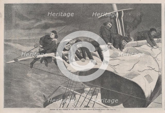 Winter at Sea - Taking in Sail off the Coast (Harper's Weekly, Vol. VIII), January 16, 1869. Creator: Unknown.