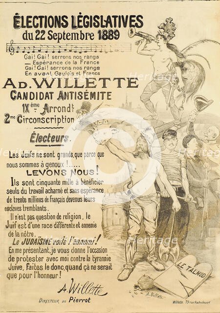 Elections législatives du 22 septembre 1889 - Ad. Willette, Candidat antisémite, 1889. Creator: Willette, Adolphe (1857-1926).