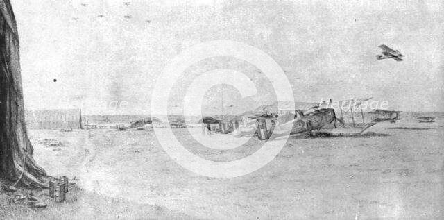 ''Combat Aerien; en escadre; depart d'une escadre; trois escadrilles sont deja formees..., 1918. Creator: Etienne Cournault.