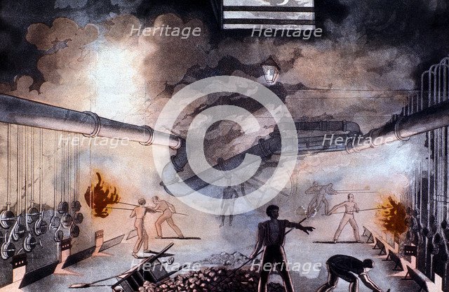 Charging retorts at the Gas Light Establishment, Brick Lane, London, 1822. Artist: Colin Mackenzie