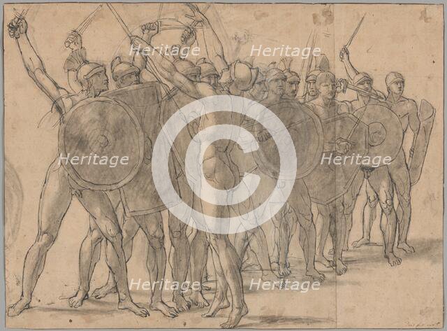 Nude Soldiers Gesticulating with Their Weapons (recto); Two Drapery Studies for the..., 1796/97. Creator: Jacques-Louis David.