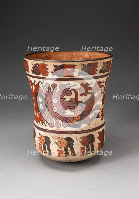 Beaker Depicting Costumed Ritual Performer with Abstract Trophy Heads, 180 B.C./A.D. 500. Creator: Unknown.